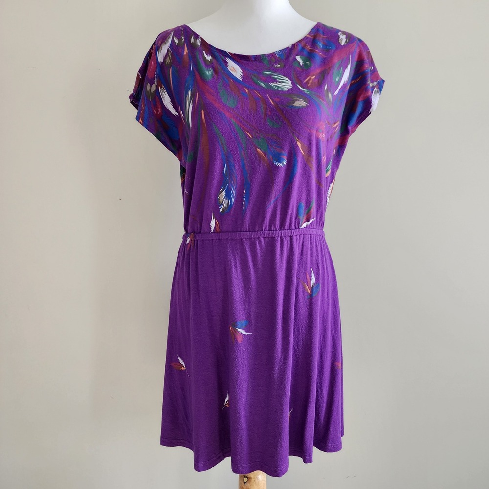 MINKPINK Feather Print Dress Womens Small Purple Elastic‎ Waist Mini Boho Resort